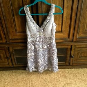 Sue Wong Silver-Lilac Embellished V-Neck Mini Dress